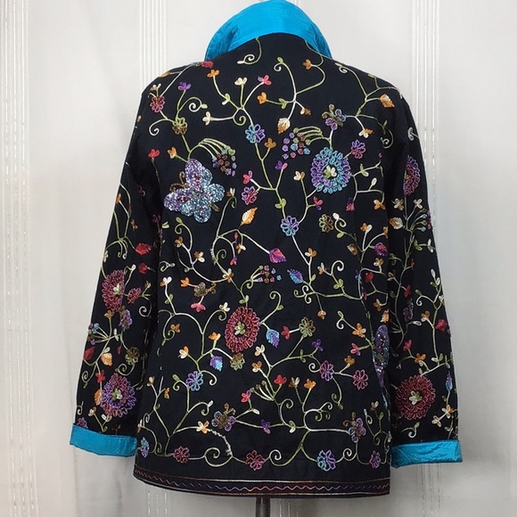 🪿Quacker Factory Black Floral Beaded Embroidered Button Front Turquoise Trim - Picture 10 of 11